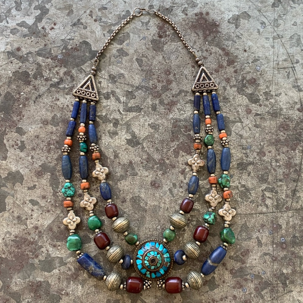 Vintage Tibetan 3 Strand Bohemian Necklace